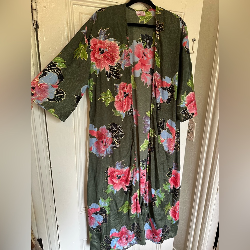 Floral Kimono Duster in Olive with Pink & Blue Blooms one size